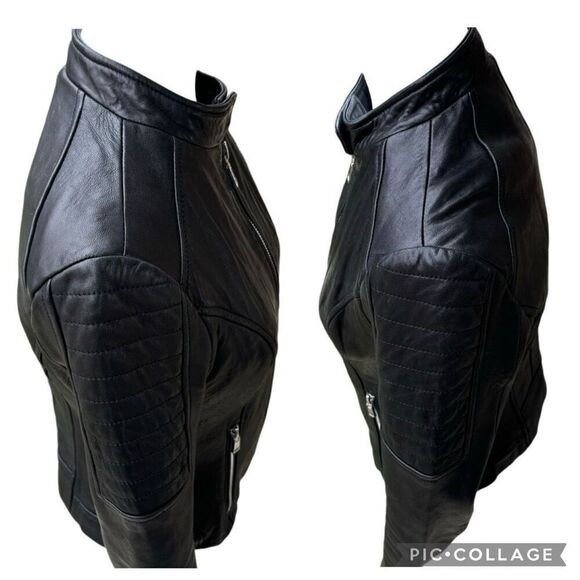 Wilsons Genuine Leather Motor Jacket Black Full Zip Quilted Shoulder Size XS VTG - Picture 4 of 12